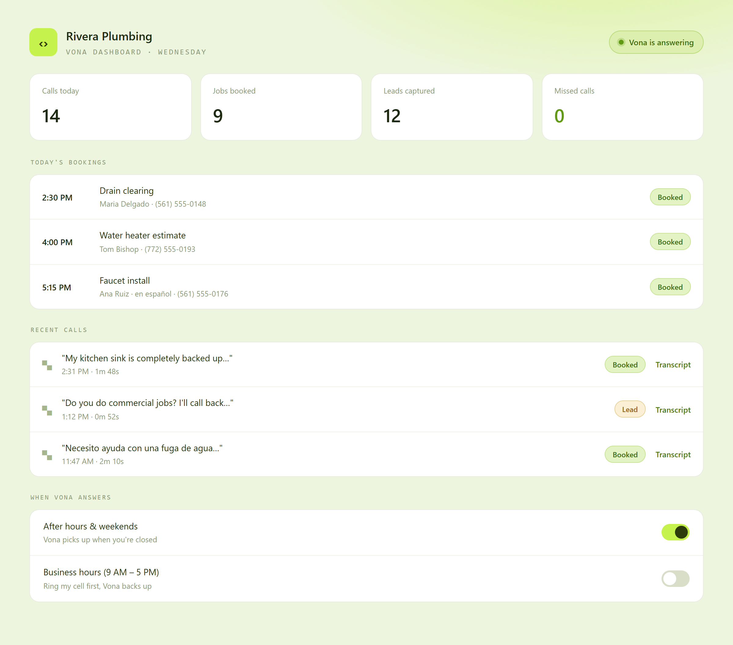 Preview of the VonaVoice owner dashboard