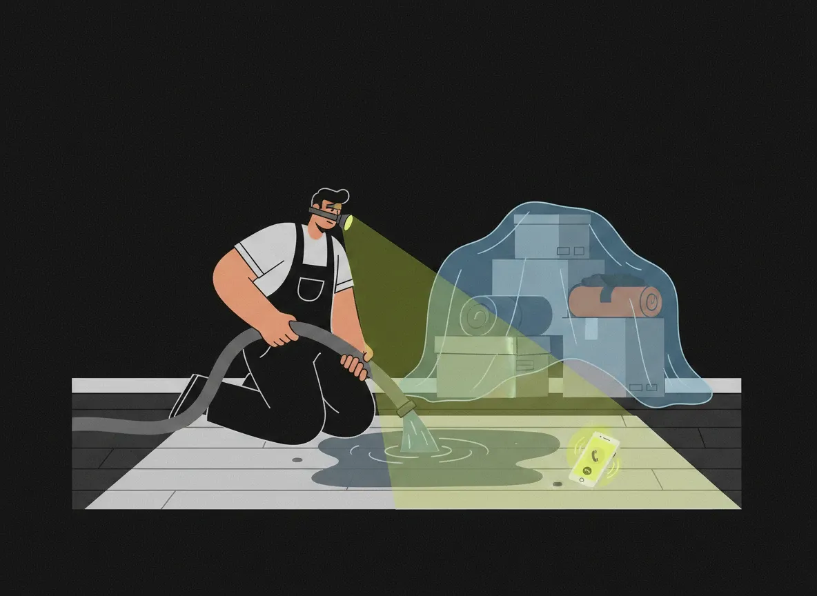 Illustration: A restoration technician kneels mid-extraction on a soaked living room floor, water pump hose in hand, phone…